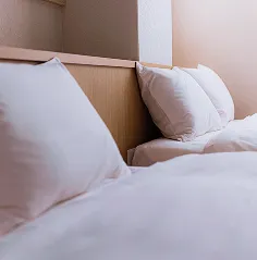 客室のベッドの様子。綺麗に設られたベッドに眠り心地の良さそうな枕が2つ並んでいる