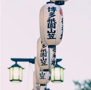 博多祇園山笠の提灯が連なる風景。白い提灯には「博多祇園山笠」と黒い文字で書かれている。